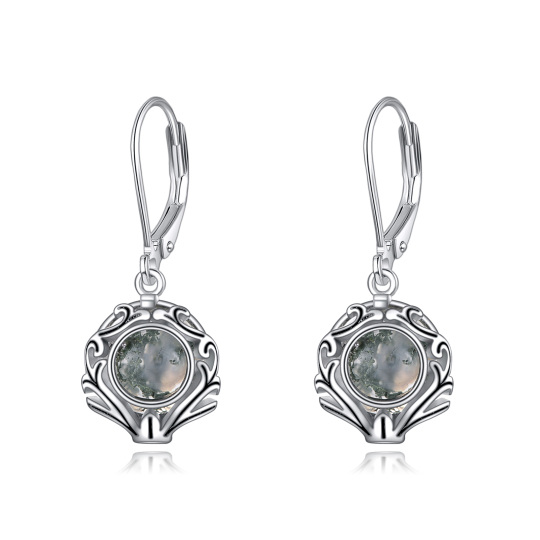Sterling Silver Circular Shaped Moss Agate Lever-back Earrings