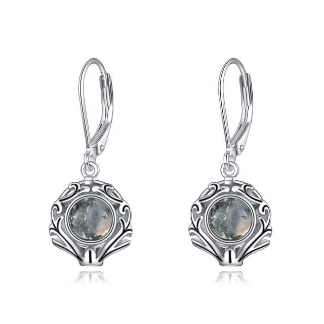 Sterling Silver Circular Shaped Moss Agate Lever-back Earrings-0