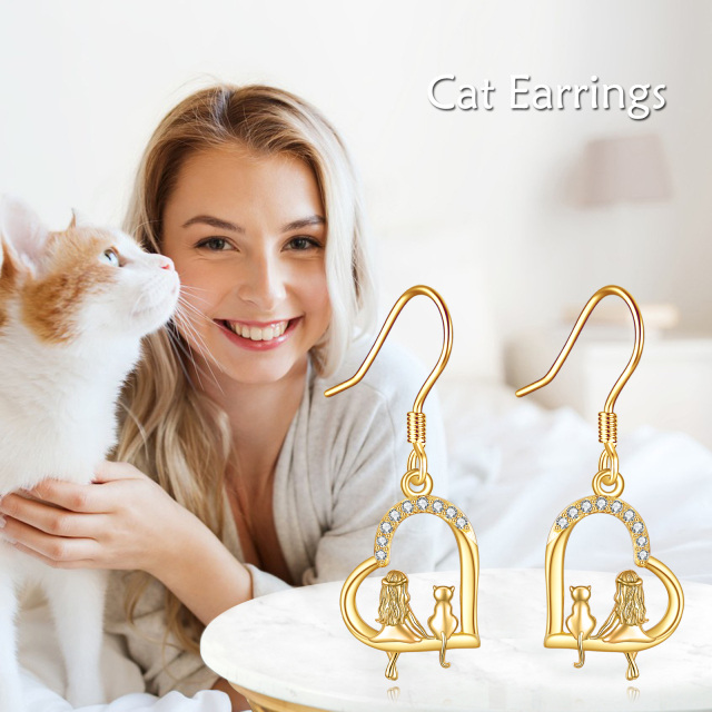 Boucles d'oreilles pendantes en or 14K avec chat et coeur en zircon cubique-4