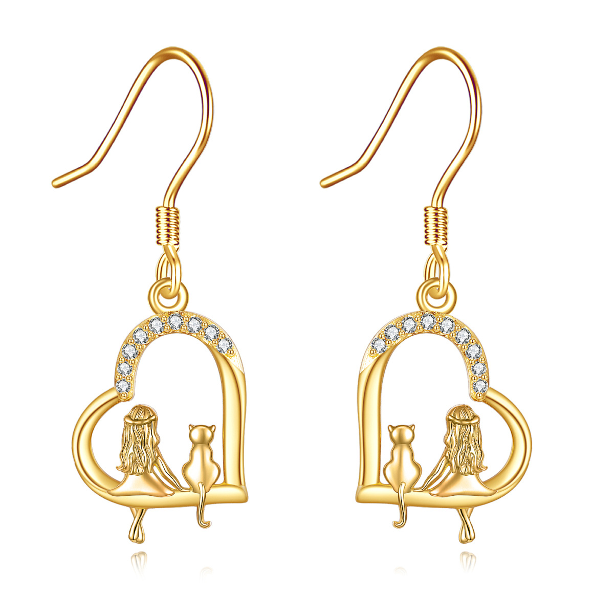14K Gold Cubic Zirconia Cat & Heart Drop Earrings-1