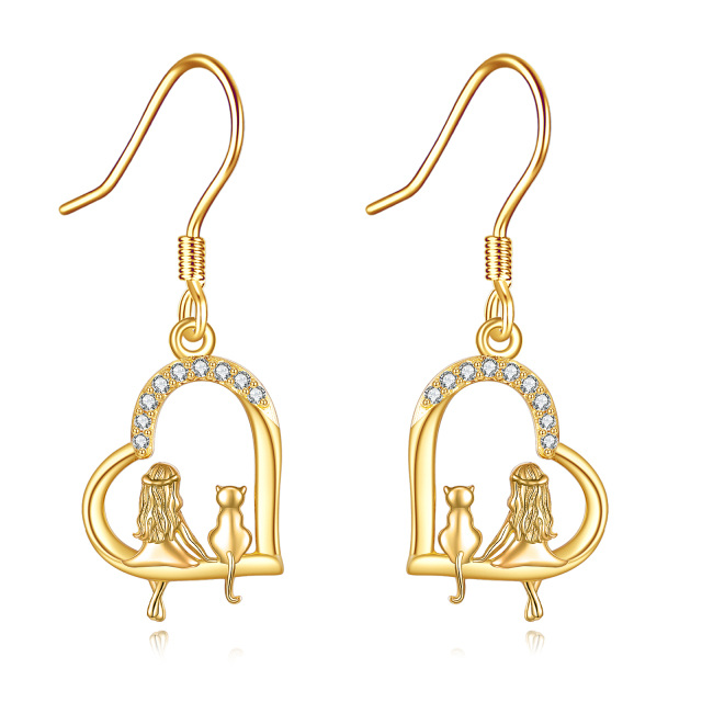 14K Gold Cubic Zirconia Cat & Heart Drop Earrings-0