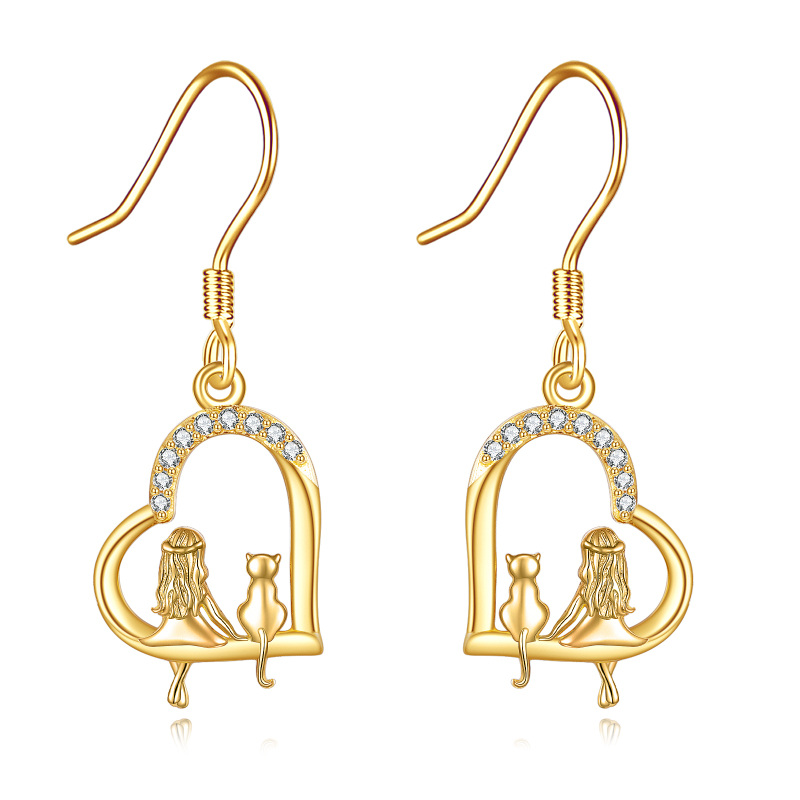 14K Gold Cubic Zirconia Cat & Heart Drop Earrings
