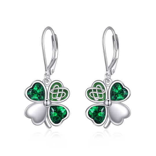 Sterling Silver Heart Shaped Cubic Zirconia Four Leaf Clover Lever-back Earrings