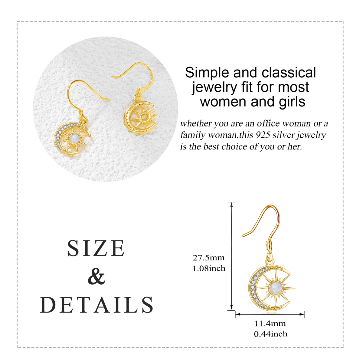 14K Gold Cubic Zirconia & Opal Moon & Sun Drop Earrings-6