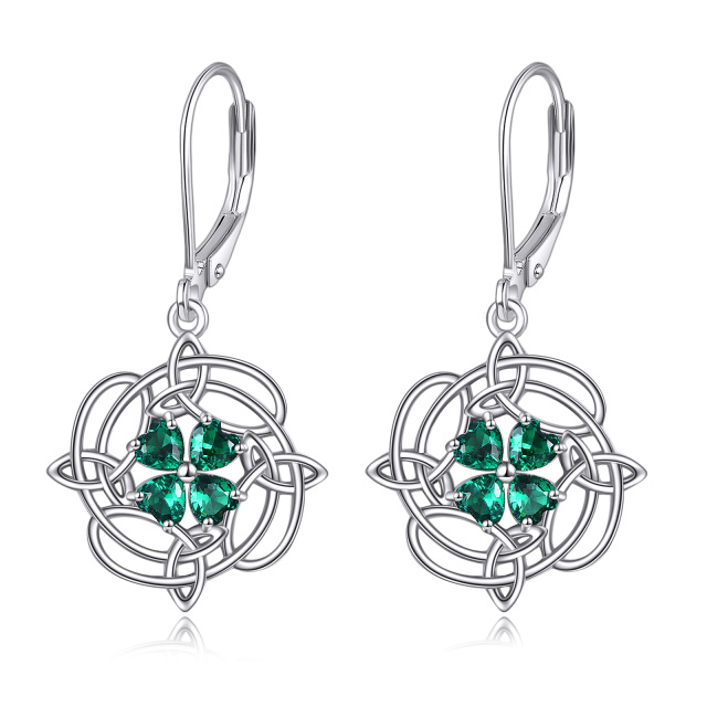 Orecchini in argento sterling a forma di cuore con zircone quadrifoglio e nodo celtico a l-1