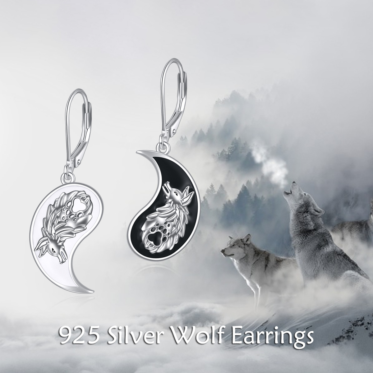 Sterling Silver Two-tone Wolf & Yin Yang Drop Earrings-6