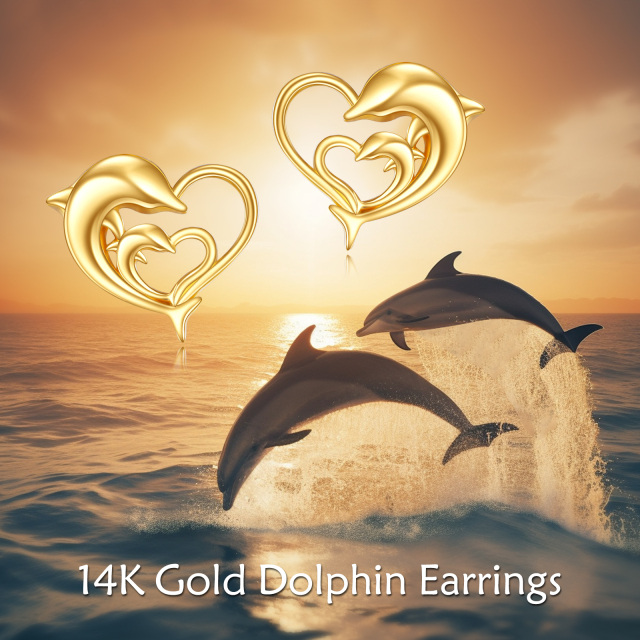 Gold Dolphin Heart Earrings Fine Gold Double Heart Pendant Jewelry-2