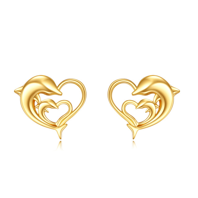 Gold Dolphin Heart Earrings Fine Gold Double Heart Pendant Jewelry-0