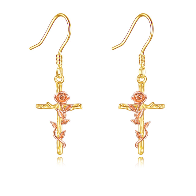 10K Yellow Gold Moissanite Rose & Cross Drop Earrings-1