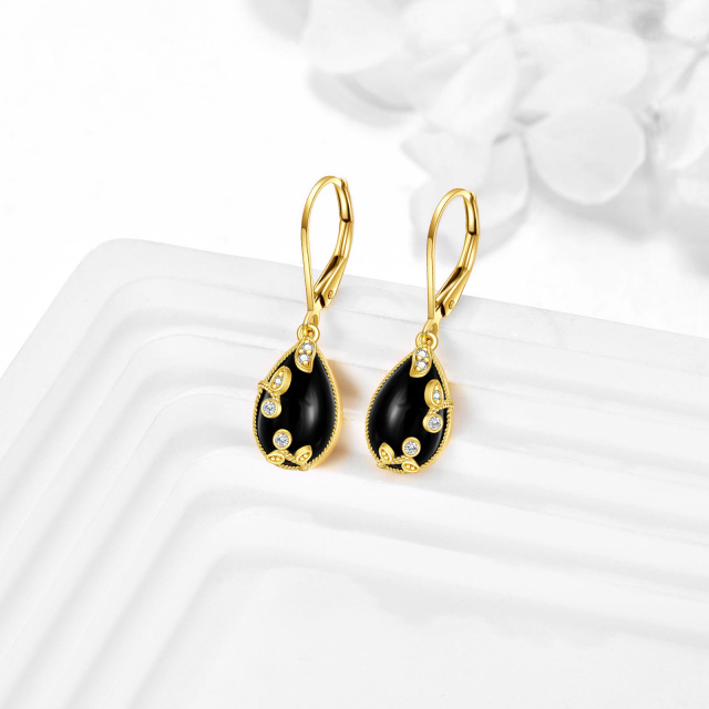 Boucles d'oreilles en filigrane en or jaune massif 14K pour femmes, bijoux en onyx noir en forme de larme-2