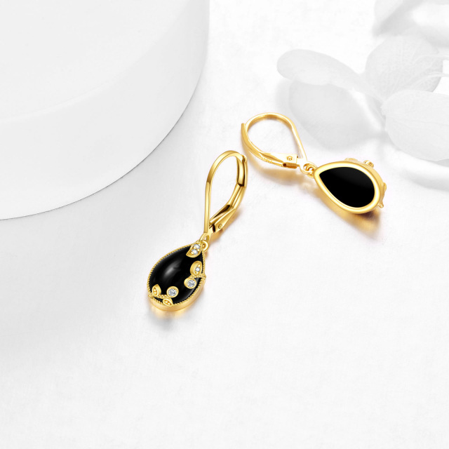14K Solid Yellow Gold Filigree Earrings for Women Black Onyx Teardrop Jewelry-3
