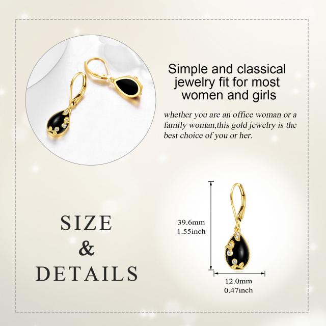 14K Solid Yellow Gold Filigree Earrings for Women Black Onyx Teardrop Jewelry-4