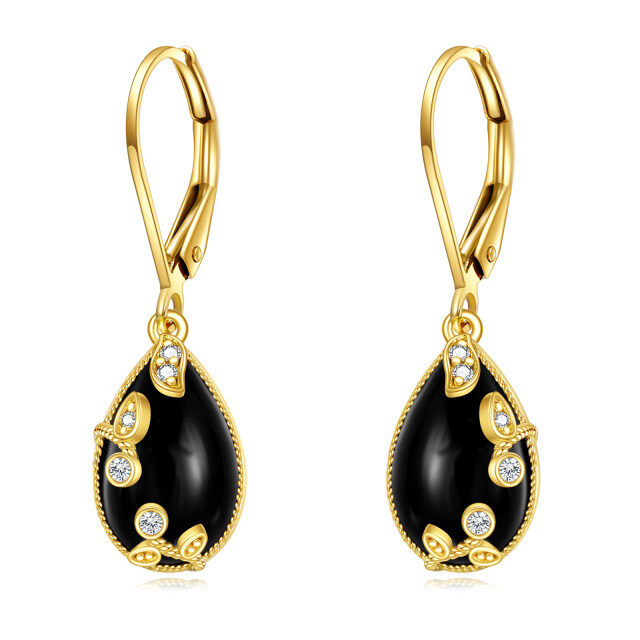 14K Solid Yellow Gold Filigree Earrings for Women Black Onyx Teardrop Jewelry-0