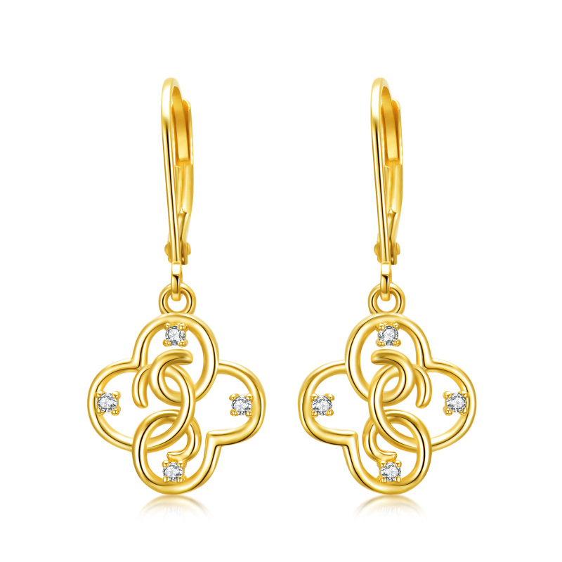 14K Gold Circular Shaped Cubic Zirconia Four Leaf Clover Lever-back Earrings