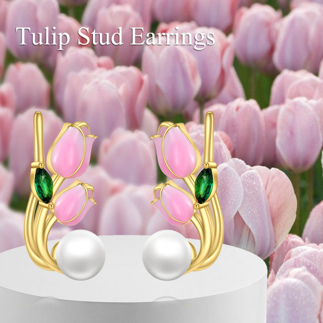 Sterling Silver with Yellow Gold Plated Tulip Stud Earrings-5