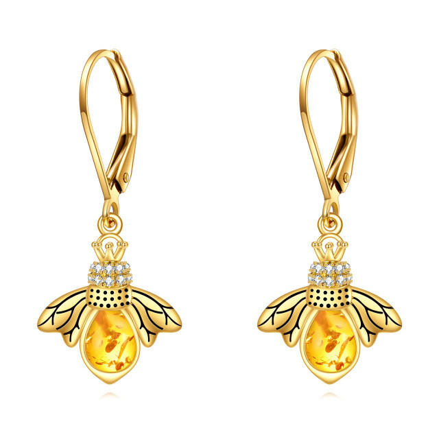 Boucles d'oreilles dormeuses en forme d'abeille en cristal et zircone cubique en or 14 carats-1