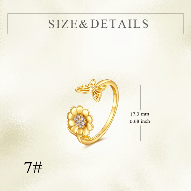 14K Gold Cubic Zirconia Butterfly & Sunflower Open Ring-3