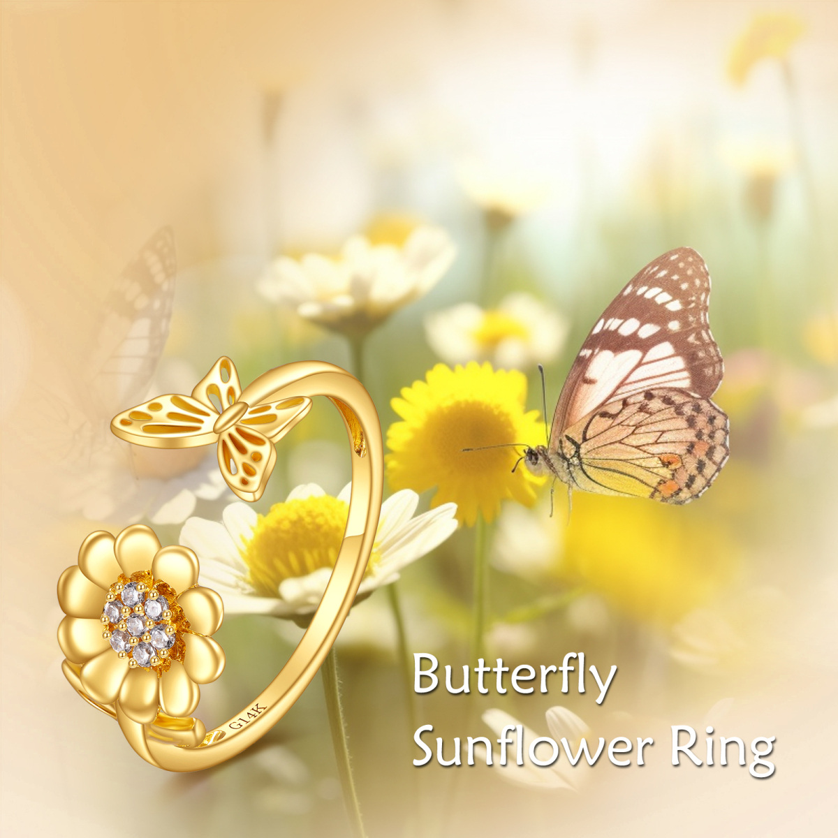 14K Gold Cubic Zirconia Butterfly & Sunflower Open Ring-4