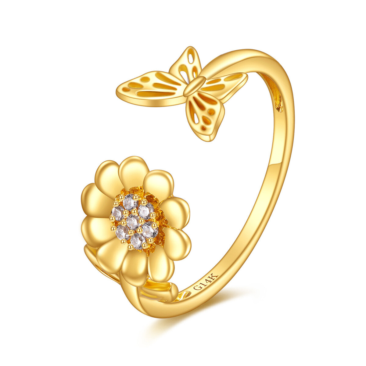 14K Gold Cubic Zirkonia Schmetterling & Sonnenblume offener Ring-1