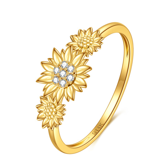 14-karatowy złoty pierścionek zaręczynowy z cyrkonią i słonecznikiem