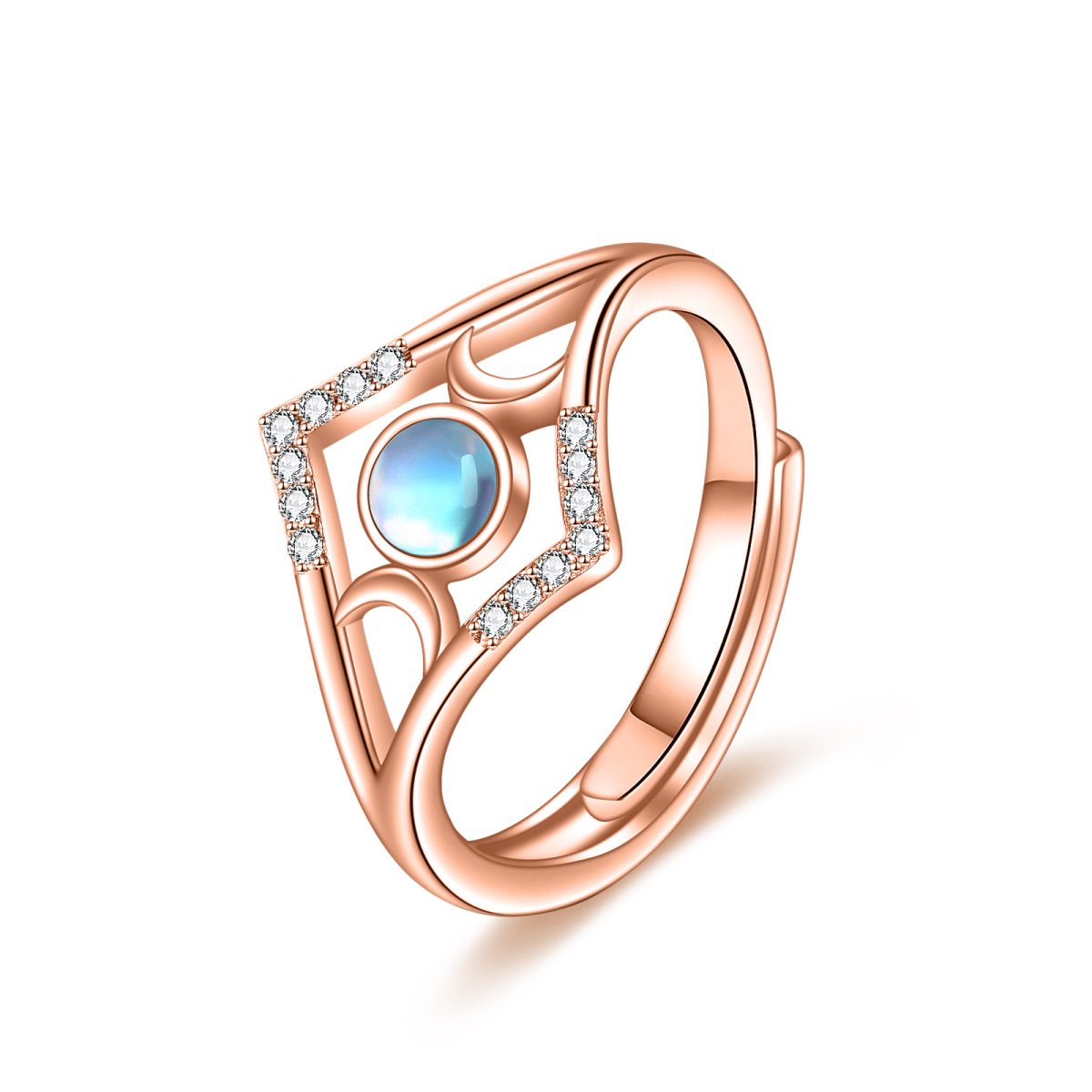 Sterling Silver with Rose Gold Plated Circular Shaped Cubic Zirconia & Moonstone Moon Ring-1