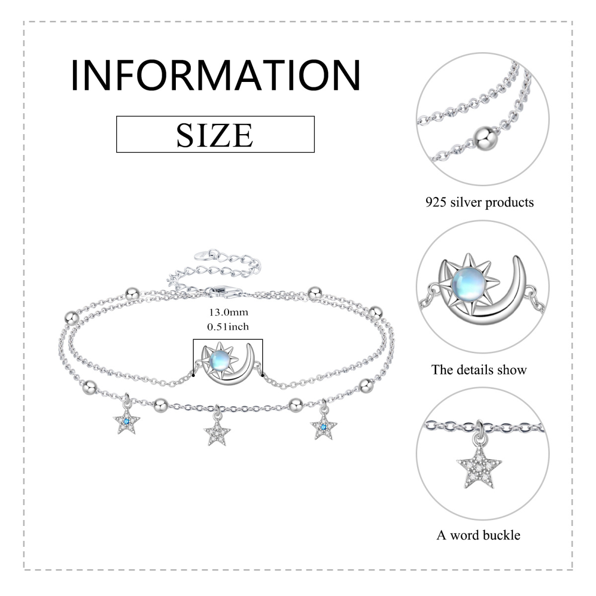 Sterling Silver Moonstone Moon & Star & Sun Multi-layered Anklet-4