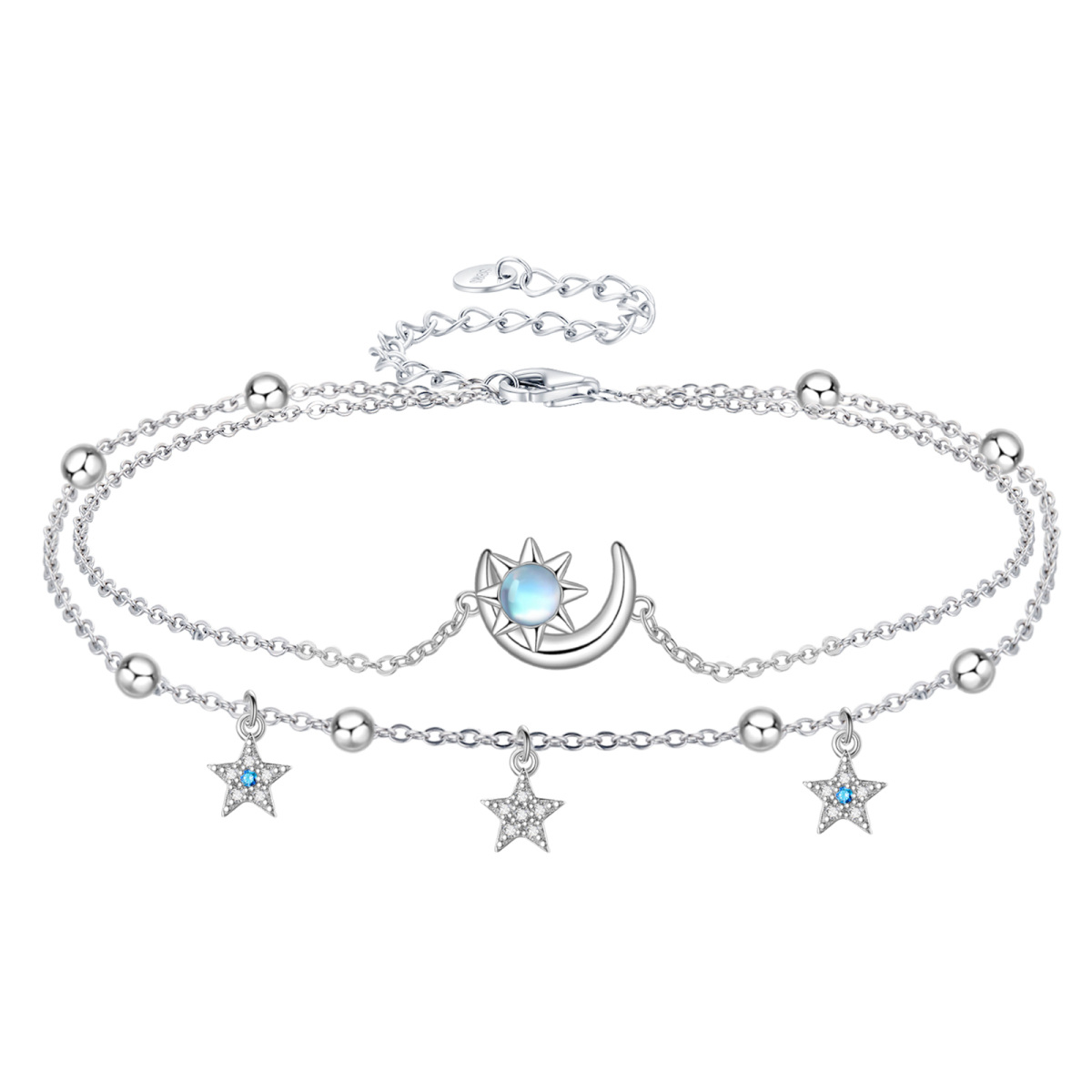 Sterling Silver Moonstone Moon & Star & Sun Multi-layered Anklet-1