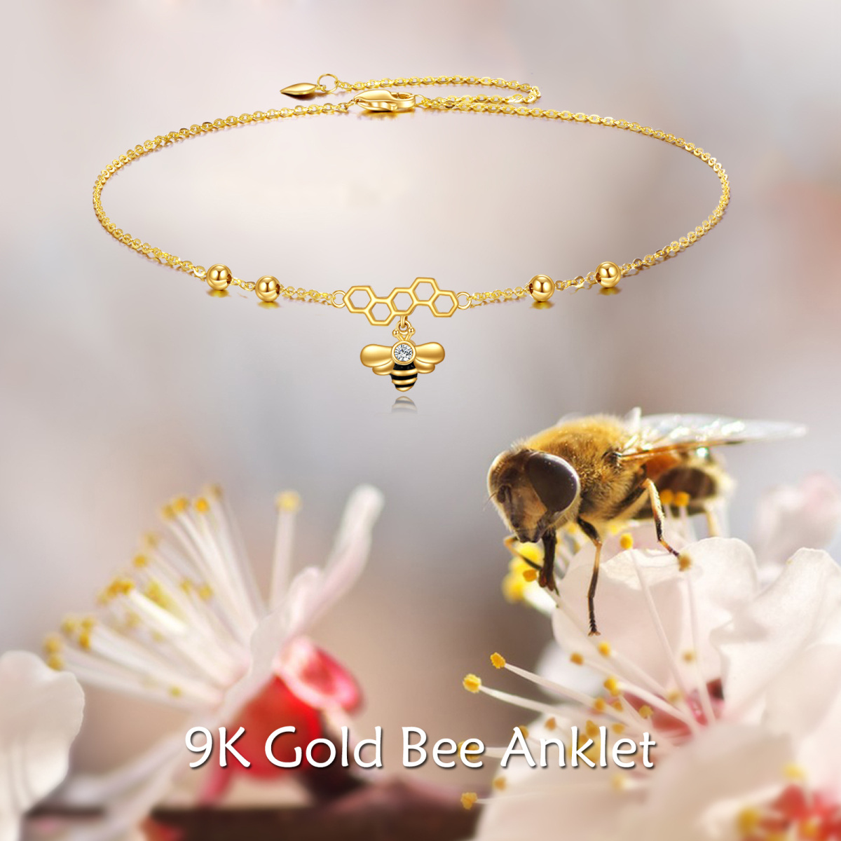 9K Gold Cubic Zirconia Bee Single Layer Anklet-6