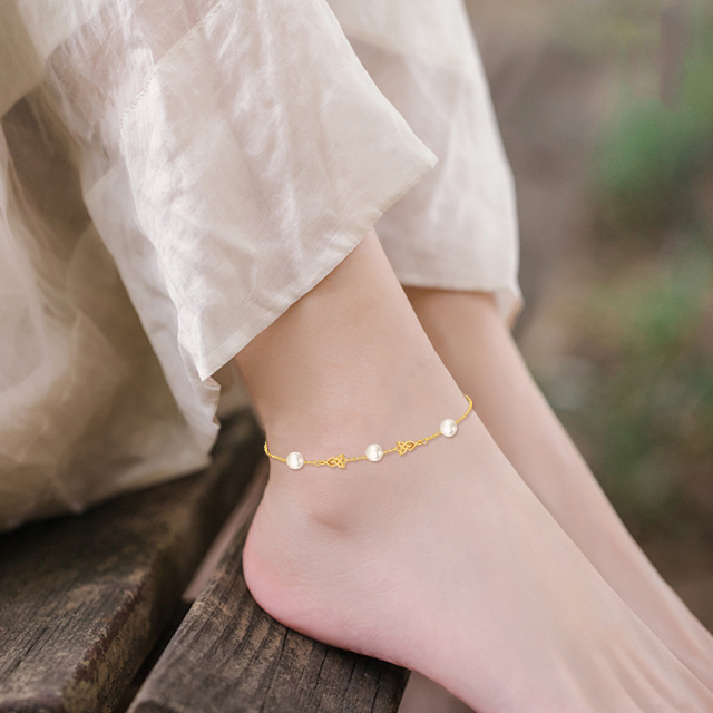 14K Gold Pearl Celtic Knot Single Layer Anklet-2