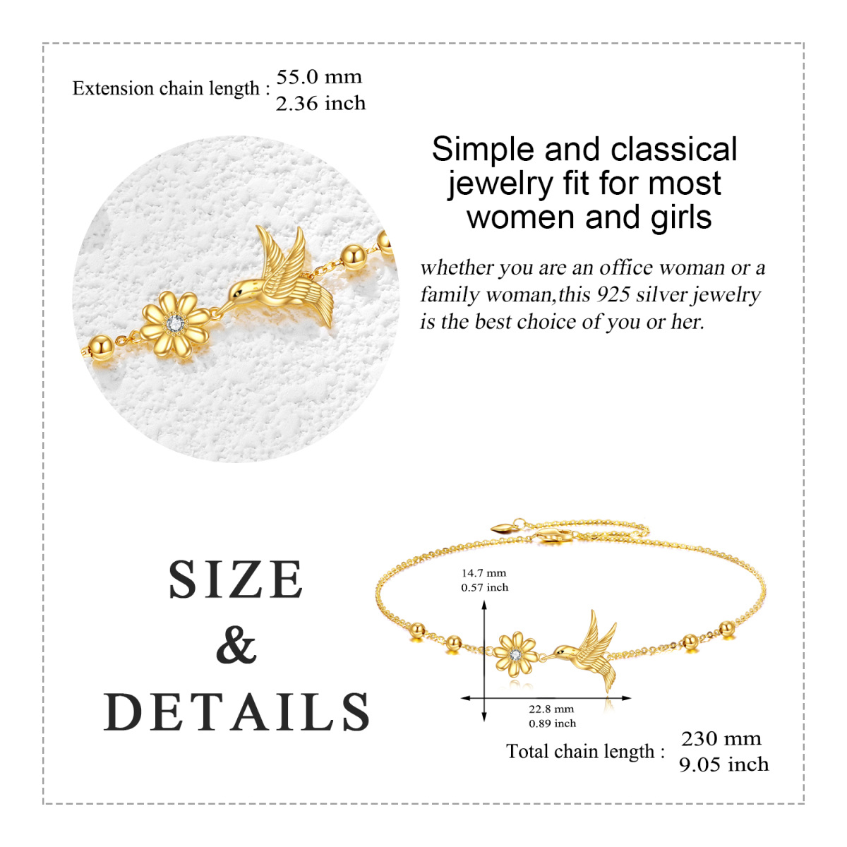 9K Gold Cubic Zirconia Hummingbird & Daisy & Bead Pendant Bracelet-6