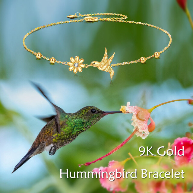 9K Gold Cubic Zirconia Hummingbird & Daisy & Bead Pendant Bracelet-4