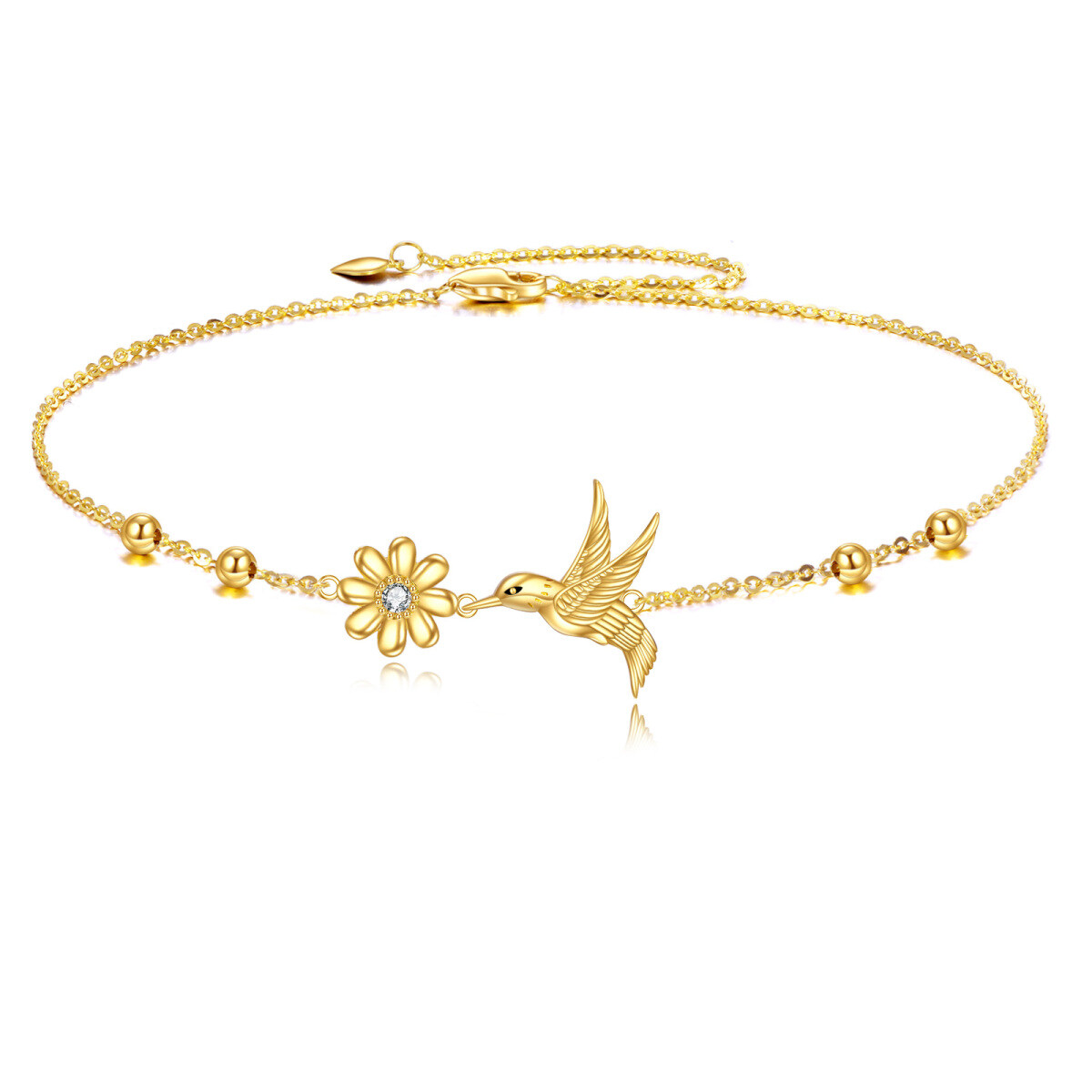 9K Gold Cubic Zirconia Hummingbird & Daisy & Bead Pendant Bracelet-1