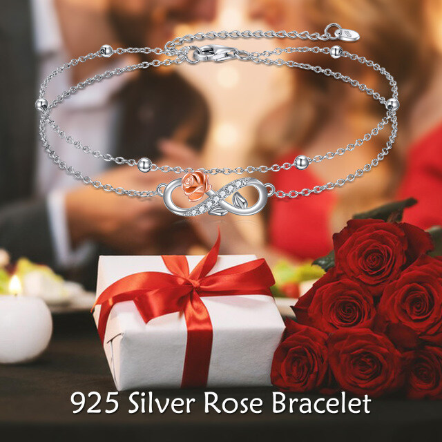 Sterling Silver Two-tone Circular Shaped Cubic Zirconia Rose & Infinity Symbol Layerered Bracelet-4