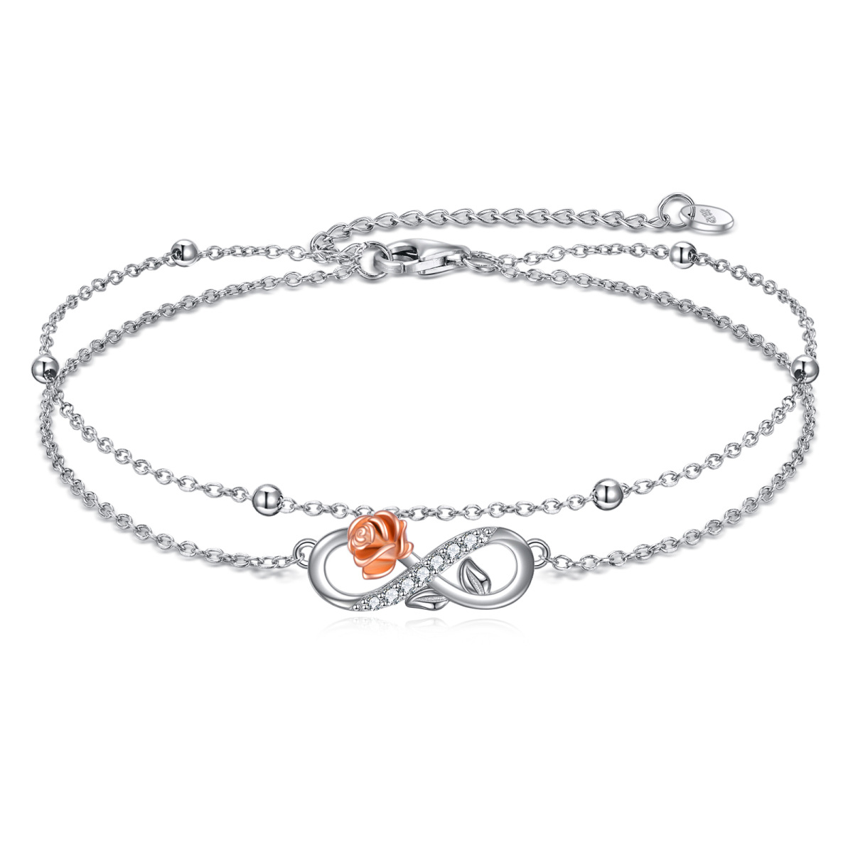 Sterling Silver Two-tone Circular Shaped Cubic Zirconia Rose & Infinity Symbol Layerered Bracelet-1