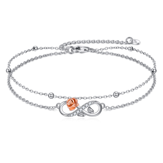 Sterling Silver Two-tone Circular Shaped Cubic Zirconia Rose & Infinity Symbol Layerered Bracelet