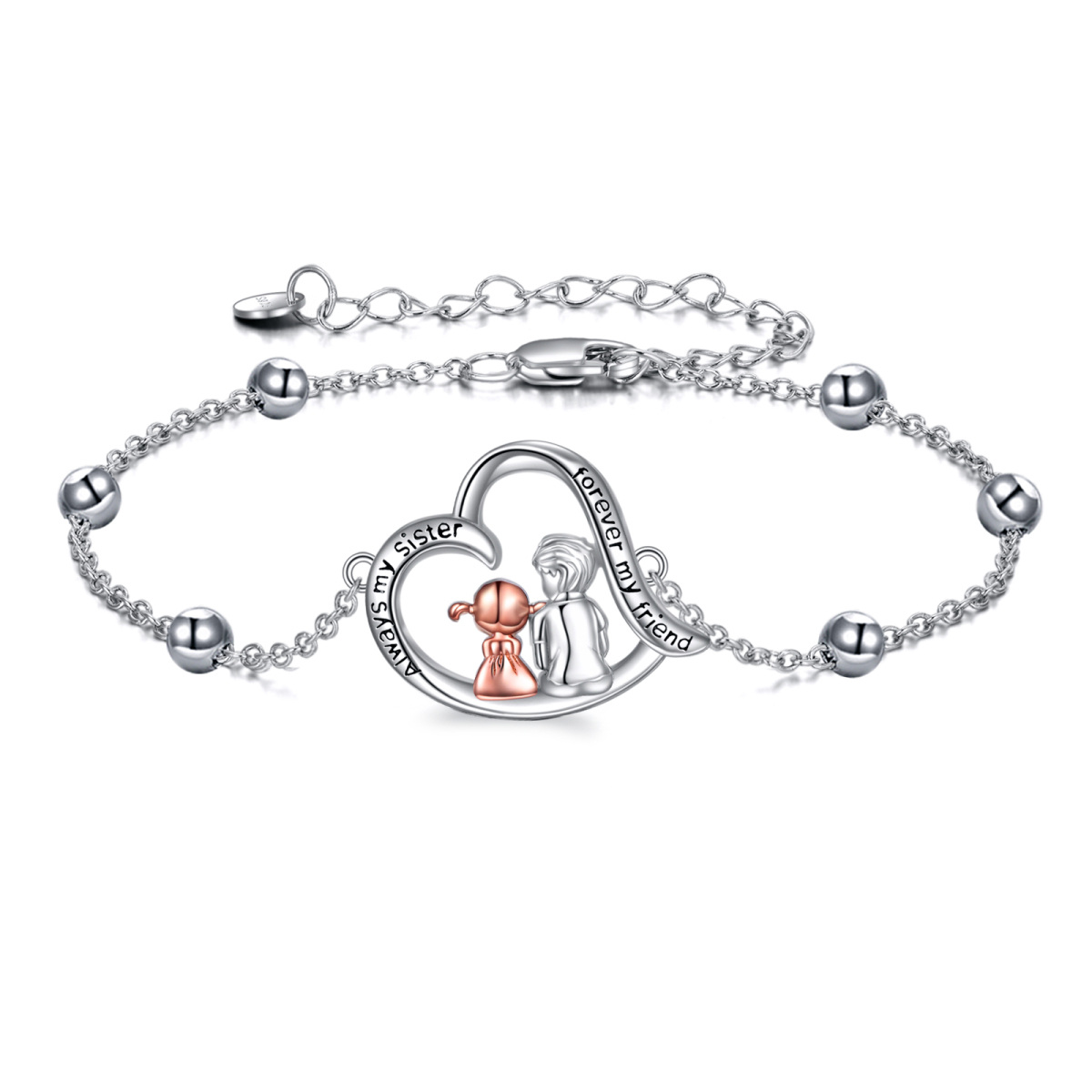 Bracelet en argent sterling avec pendentif Sœurs et Coeur bicolore et mot gravé-1
