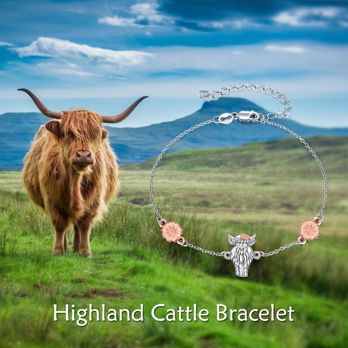 Pulsera de plata de ley bicolor con colgante de vaca de las Highlands y girasol-6