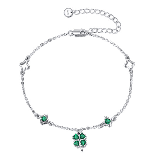 Bracelet avec pendentif en forme de cœur en argent sterling et zircone cubique, trèfle à quatre feuilles