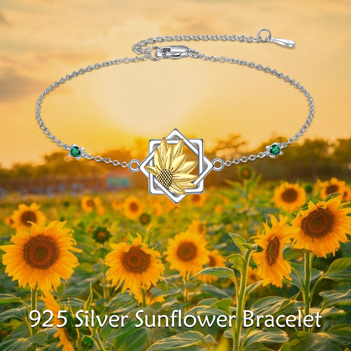 Sterling Silver Two-tone Round Zircon Sunflower Pendant Bracelet-6