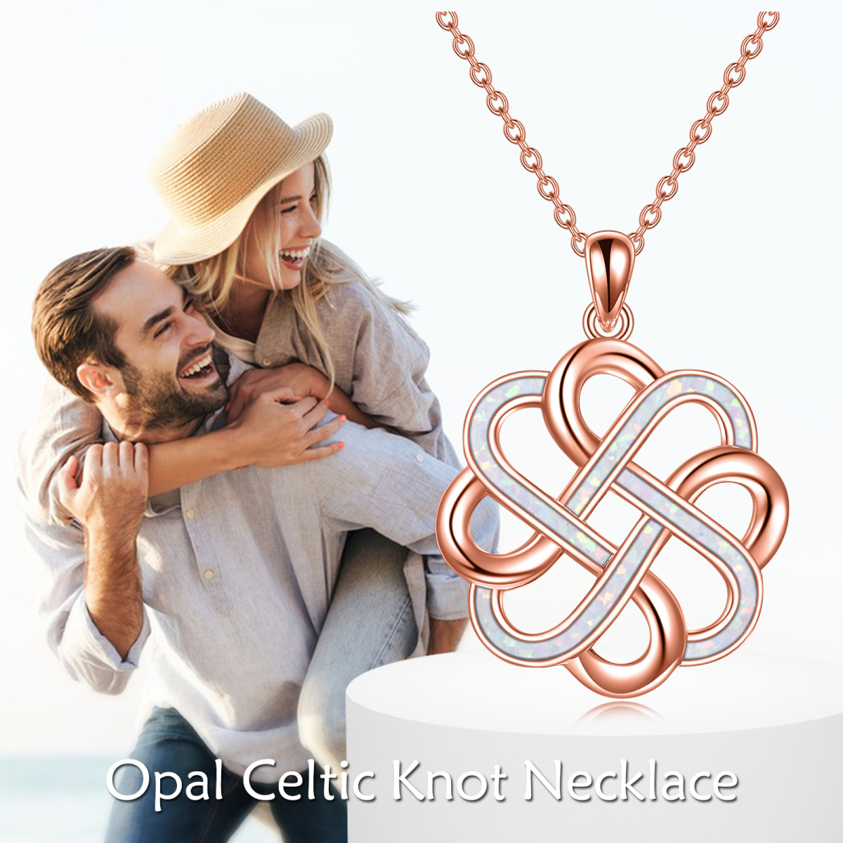 Sterling Silver with Rose Gold Plated Opal Celtic Knot Pendant Necklace-6
