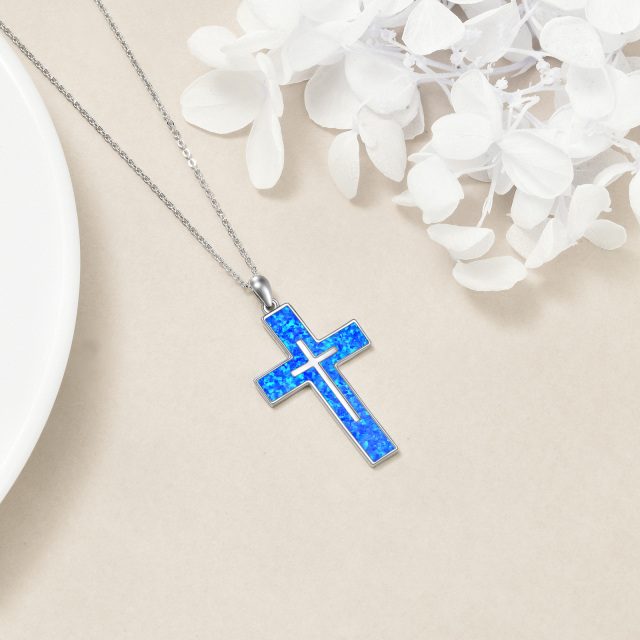 Sterling Silver Blue Opal Double Cross Pendant Necklace-4