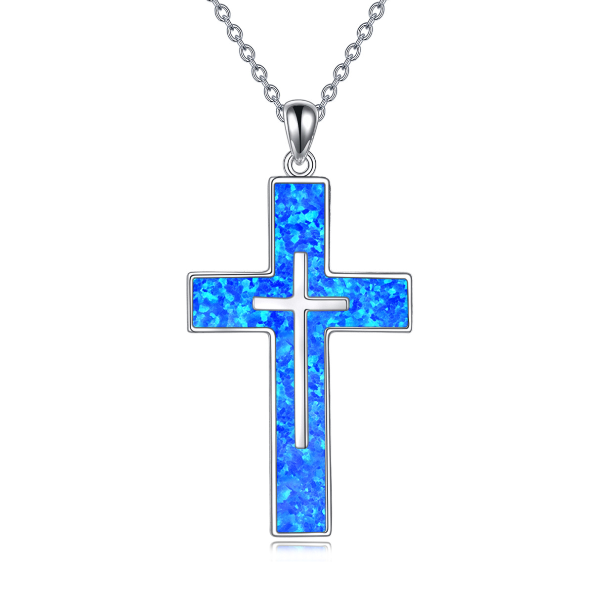 Collier en argent sterling avec pendentif double croix en opale bleue-1
