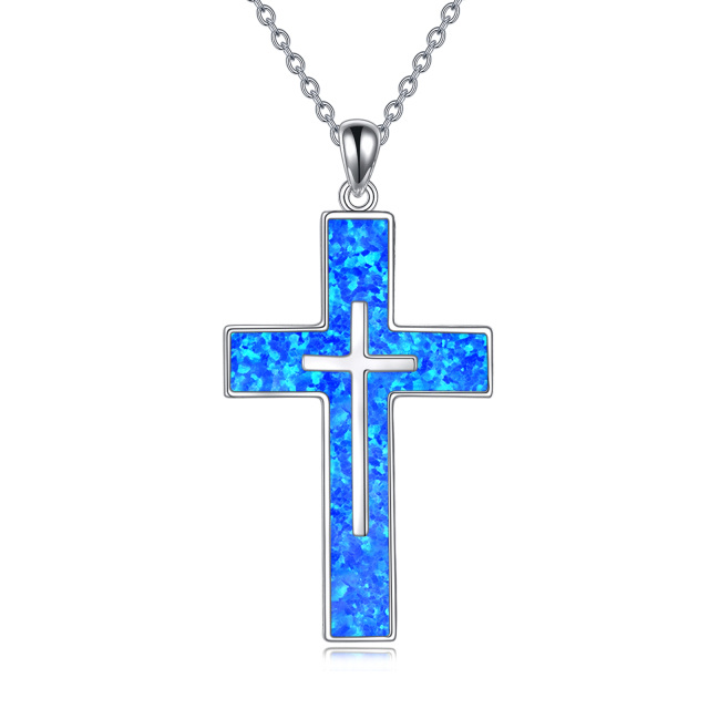 Sterling Silver Blue Opal Double Cross Pendant Necklace-1