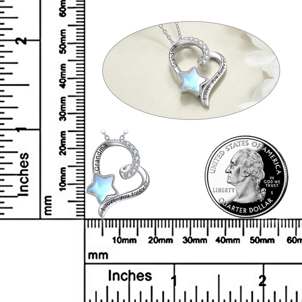 Sterling Silber Mondstein Großmutter & Pentagramm Anhänger Halskette mit eingraviertem Wor-5