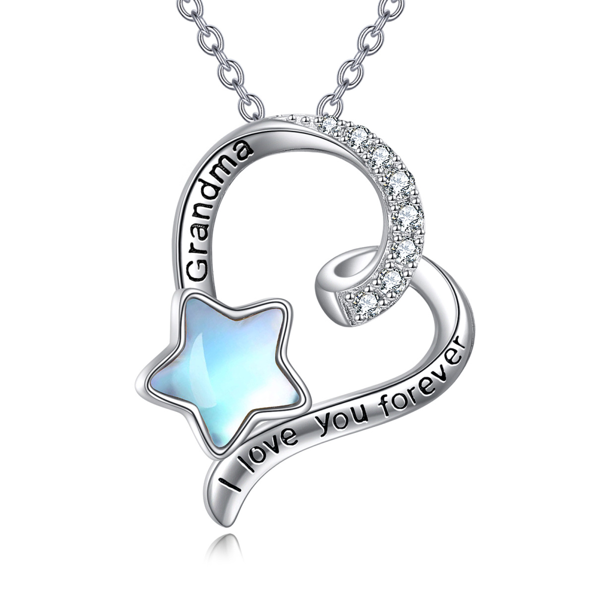 Sterling Silver Moonstone Grandmother & Pentagram Pendant Necklace with Engraved Word-1