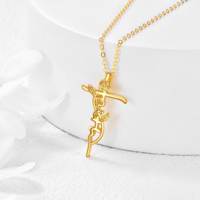 Colar com pingente de rosa e cruz em ouro 14K-2