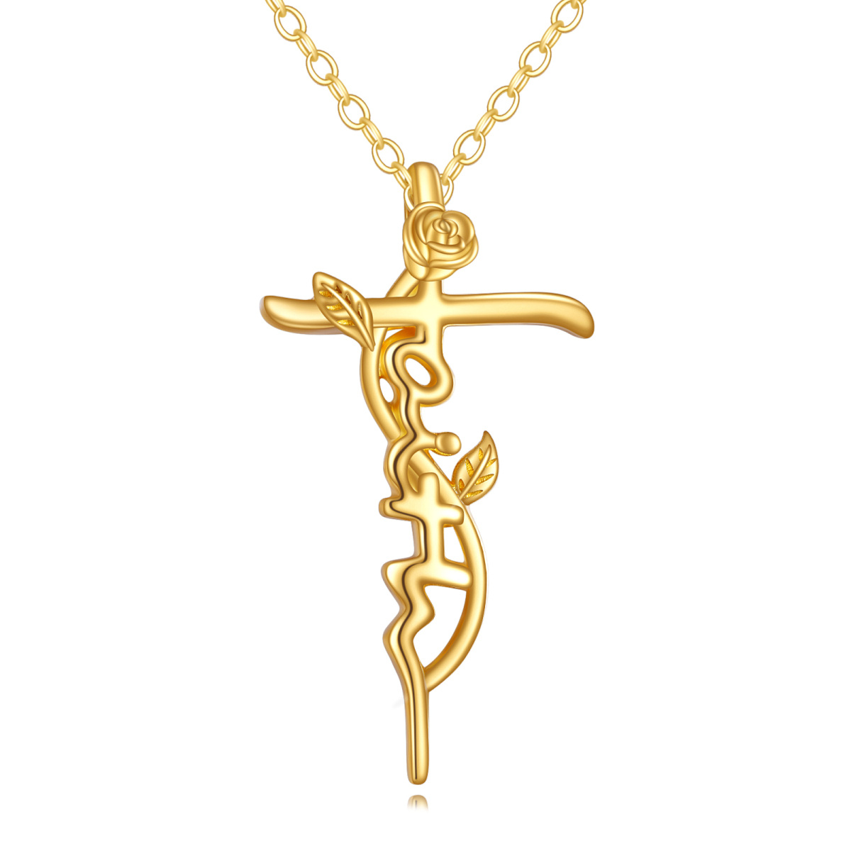 Collier en or 14K avec pendentif rose et croix-1