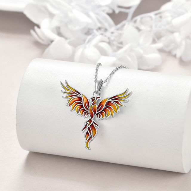 Sterling Silver Orange Glazed Phoenix Pendant Necklace-2