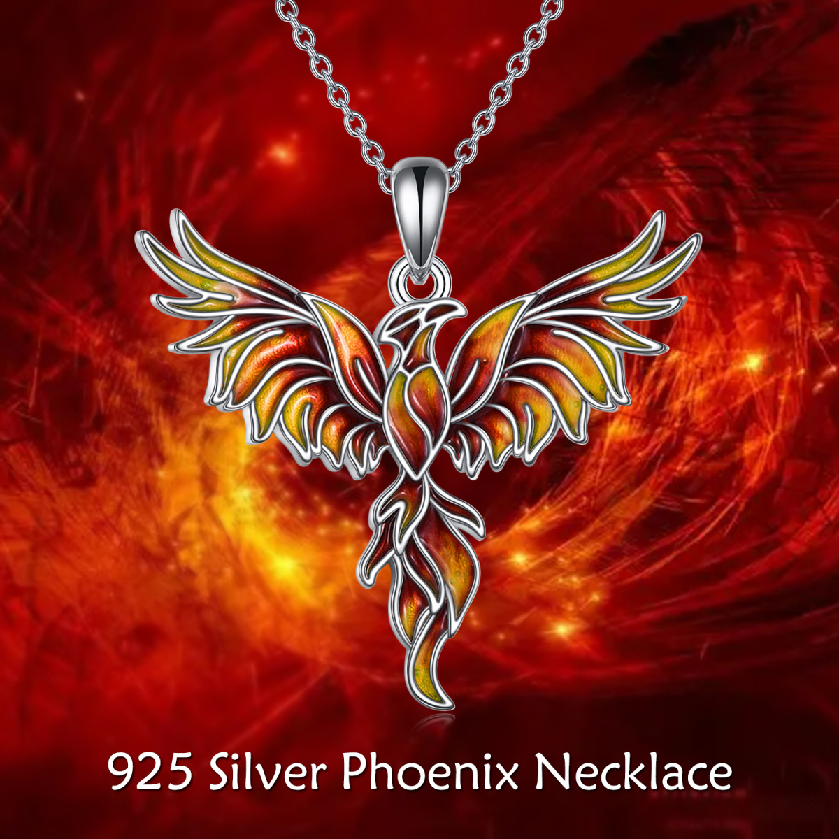 Sterling Silver Orange Glazed Phoenix Pendant Necklace-6