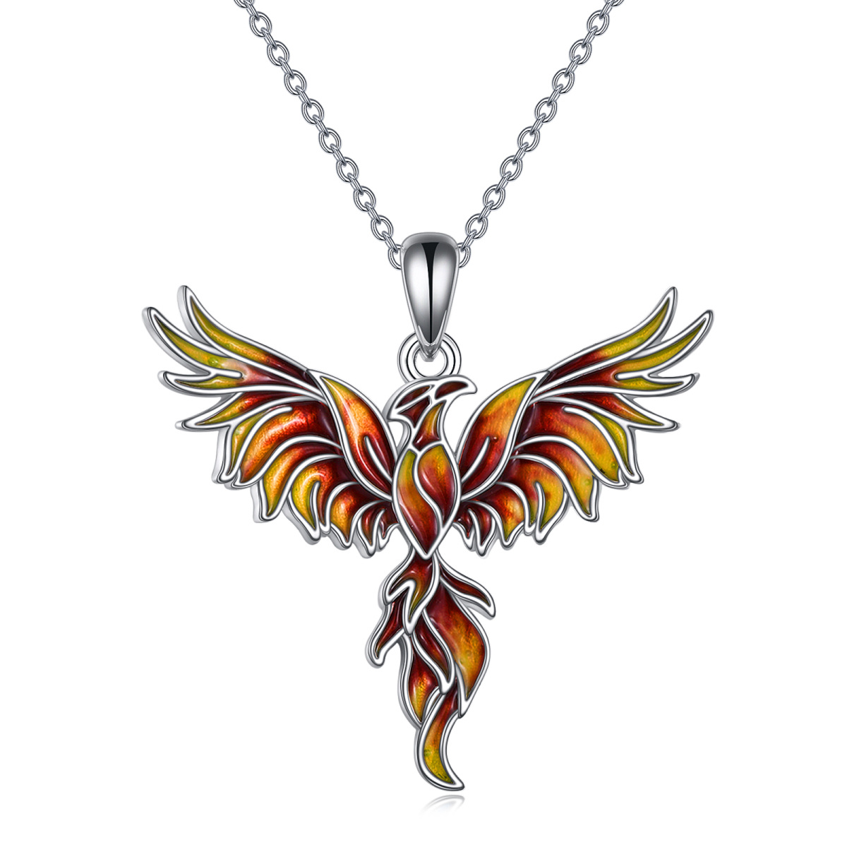 Sterling Silver Orange Glazed Phoenix Pendant Necklace-1